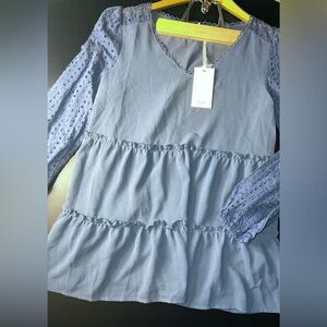 Grace Karin Slate Blue Top Long Sleeve V Neck Eyelet Lace Tiered Top Sz S NWT